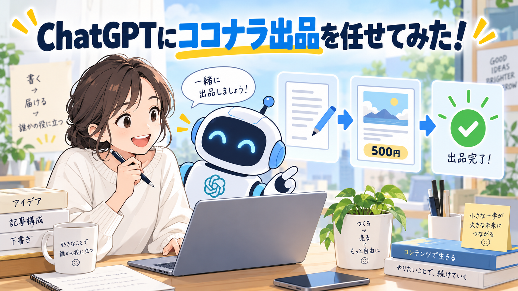 ChatGPTと一緒にココナラへ500円の商品を出品するイメージ