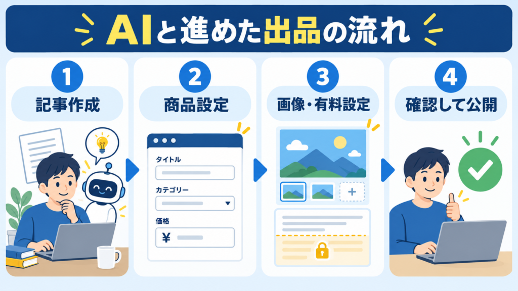 記事作成、商品設定、画像と有料設定、確認して公開までの4ステップ